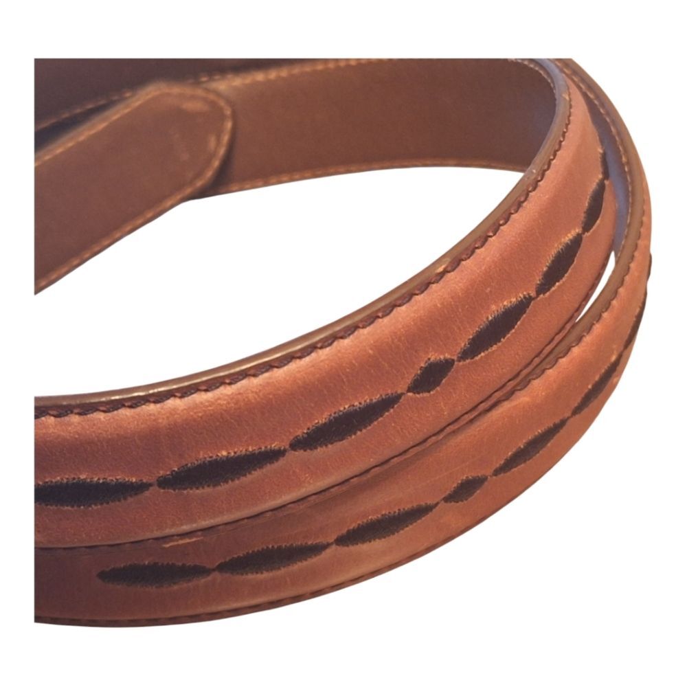 Sentry Embroidered Leather Belt Size 44 Brown Silver Brass Buckle Boho Tribal